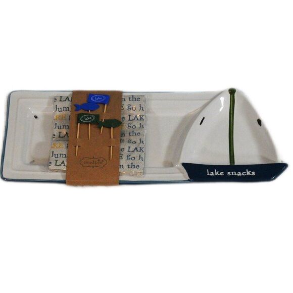 Mud Pie Lake Hostess Set Stoneware Tray Sailboat Dip Bowl Napkins Toothpicks - Picture 1 of 3